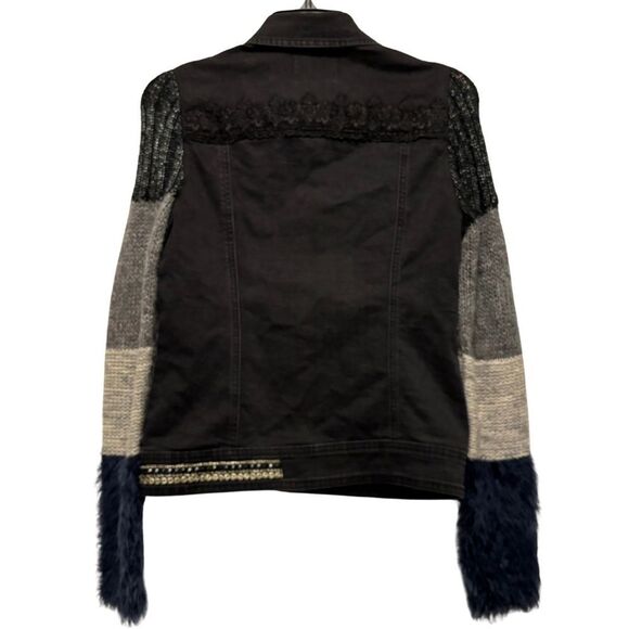 Desigual Exotic Black Denim Knit Sleeve Fur Cuff Embellished Jacket - Picture 5 of 9